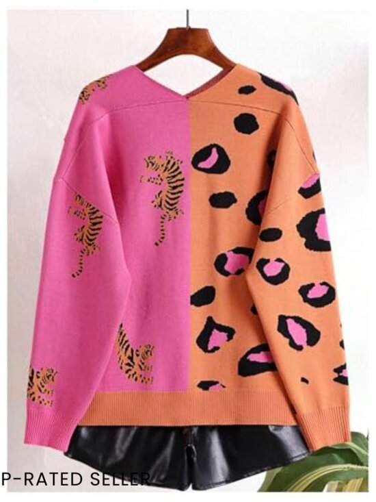 V-Neck Cardigan Sweater Coat Animal Print Color Block Button Down Soft - Picture 3 of 6